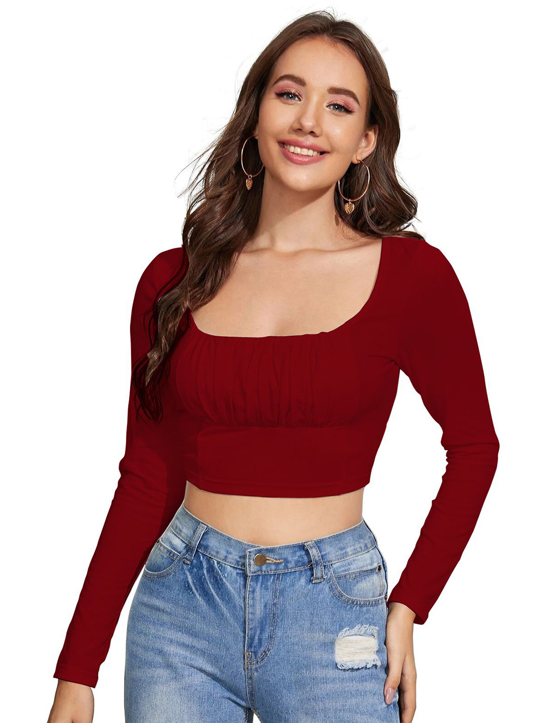 Enmozz Solid Puff Sleeves Regular Crop Top