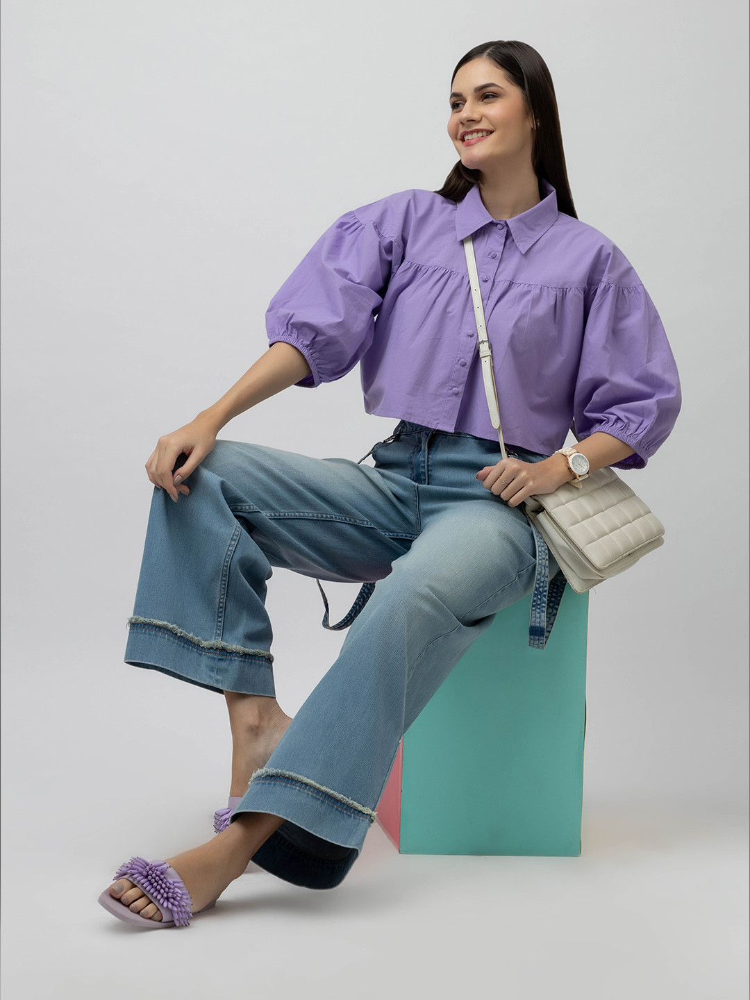 7OUNCE Women Puff Sleeve Shirt Style Crop Top