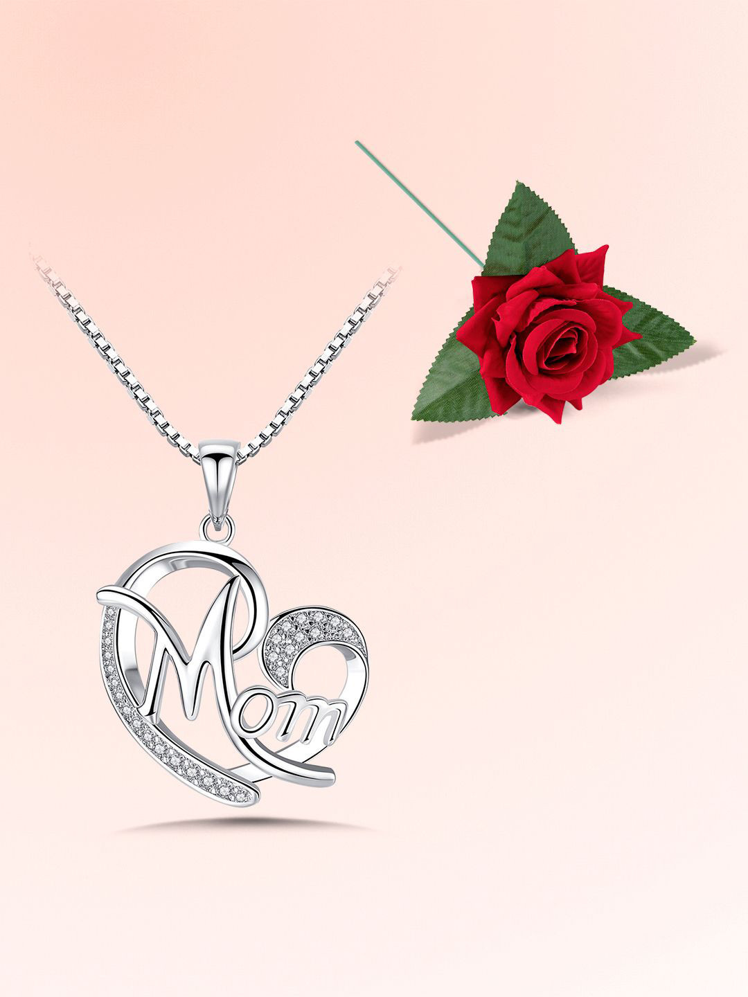 Peora Silver-Plated Cubic ZIrconia Studded Heart Shaped Pendants & Chains With Rose