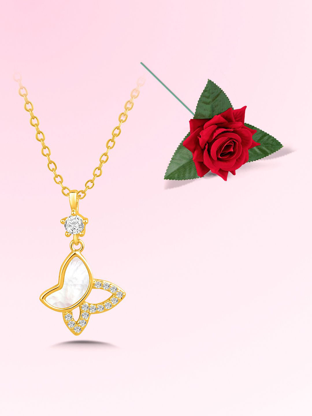 Peora Gold-Plated Cubic Zirconia Studded Butterfly Shaped Pendant Chain With Rose