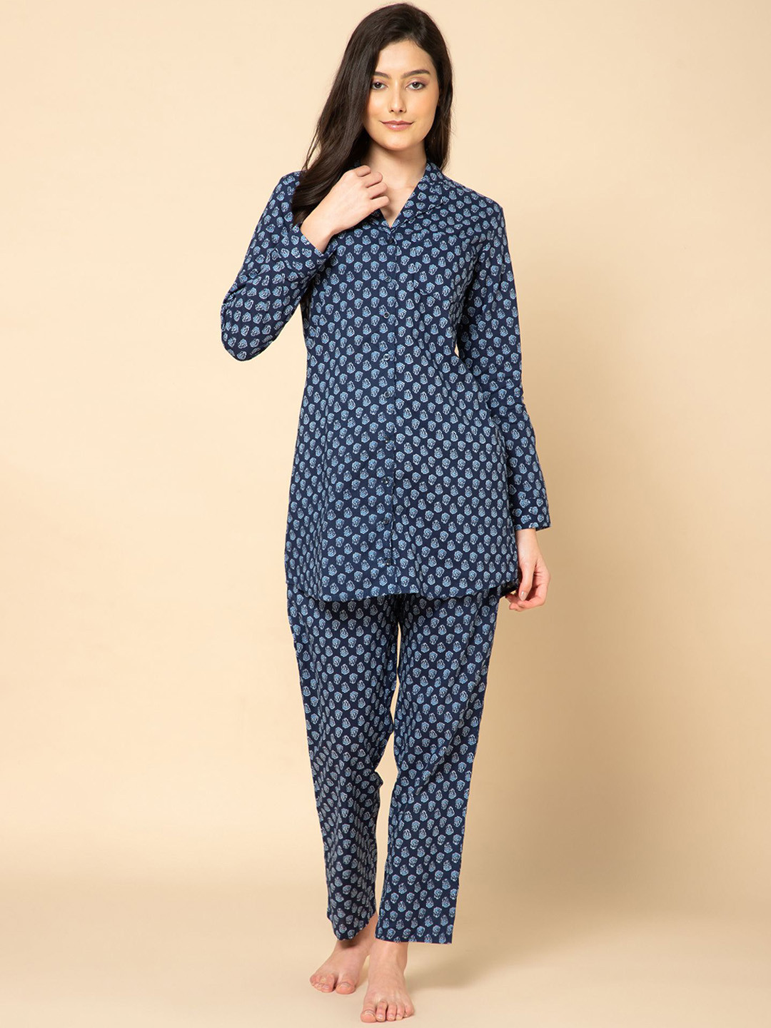DRAPE IN VOGUE Women Printed Lapel Collar Shirt & Pyjamas Pure Cotton Night suit