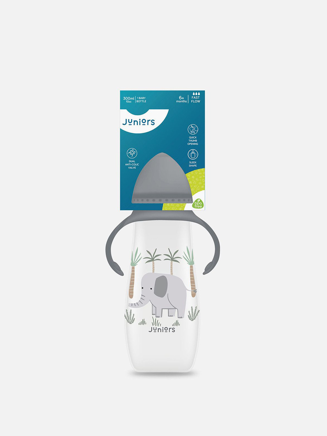 Juniors by Babyshop Transparent & Grey Elephant Printed Feeding Bottle - 300 ml