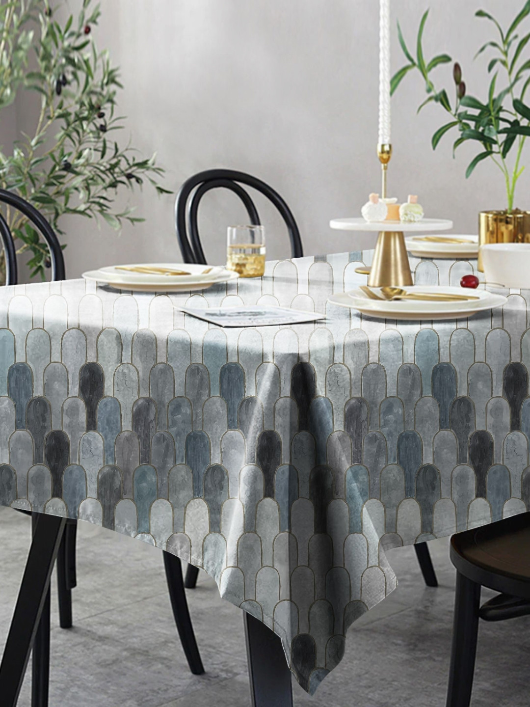 CASABLEU Premium Nicobar Grey Geometric Printed Rectangle 6-Seater Table Covers