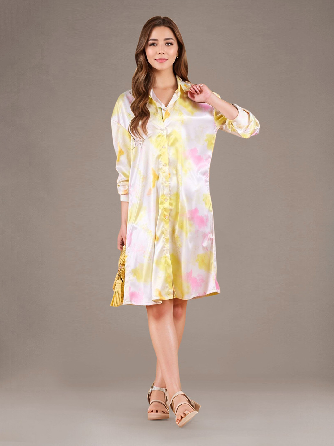 ChicFlick  Women Tie and Dye Print Satin Shirt Dress