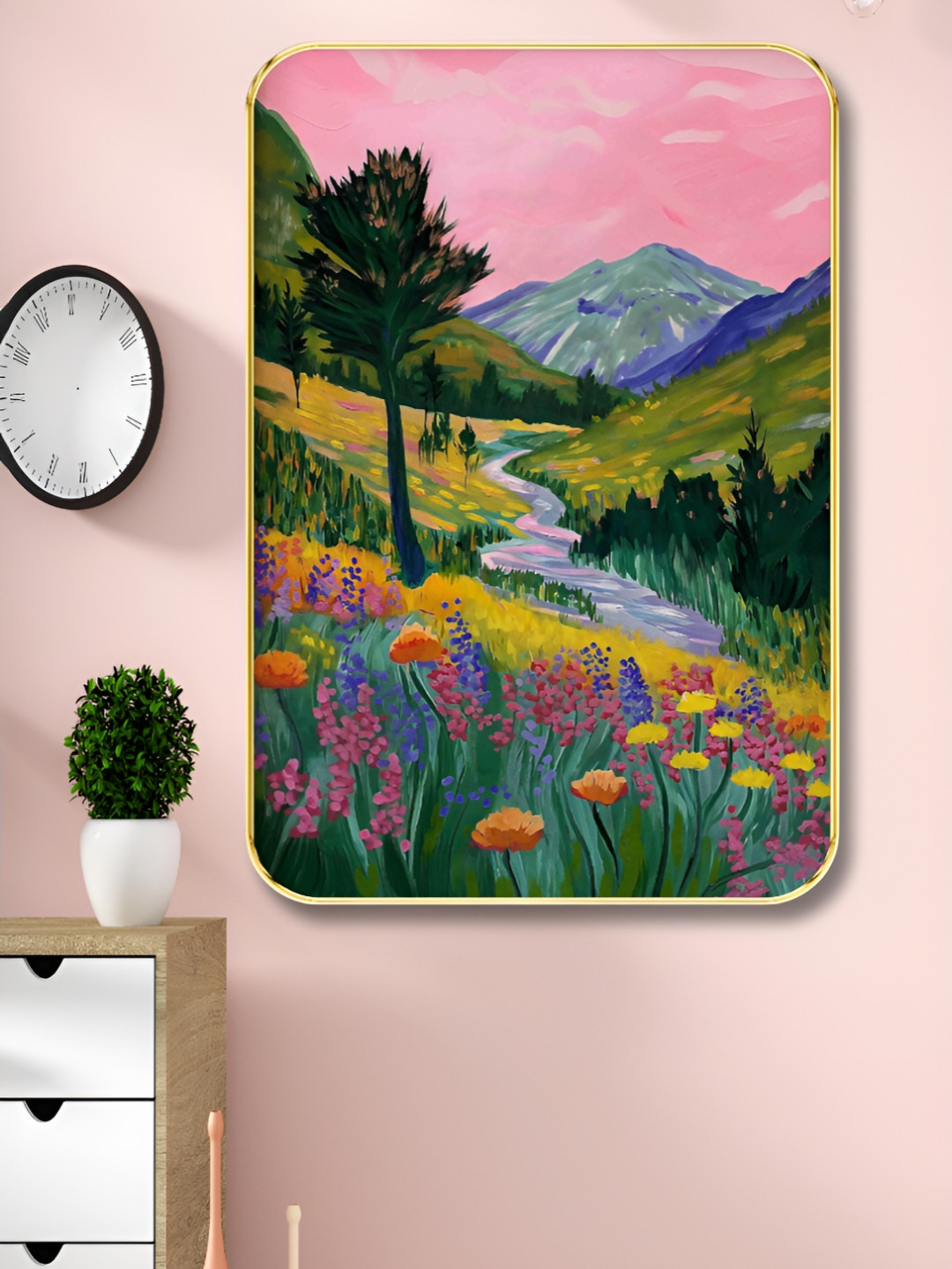 Myntra Elegant Homes Pink & Blue Floral and Botanical Printed Wooden Wall Art