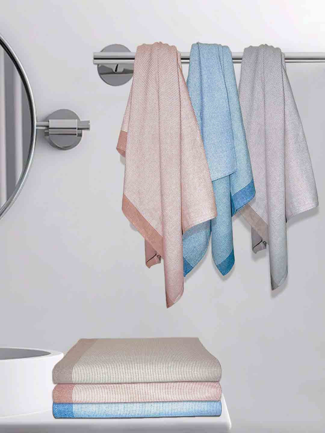 Athom Living Astar Peach-Coloured & Grey 6 Pieces Striped Cotton 210 GSM Bath Towels