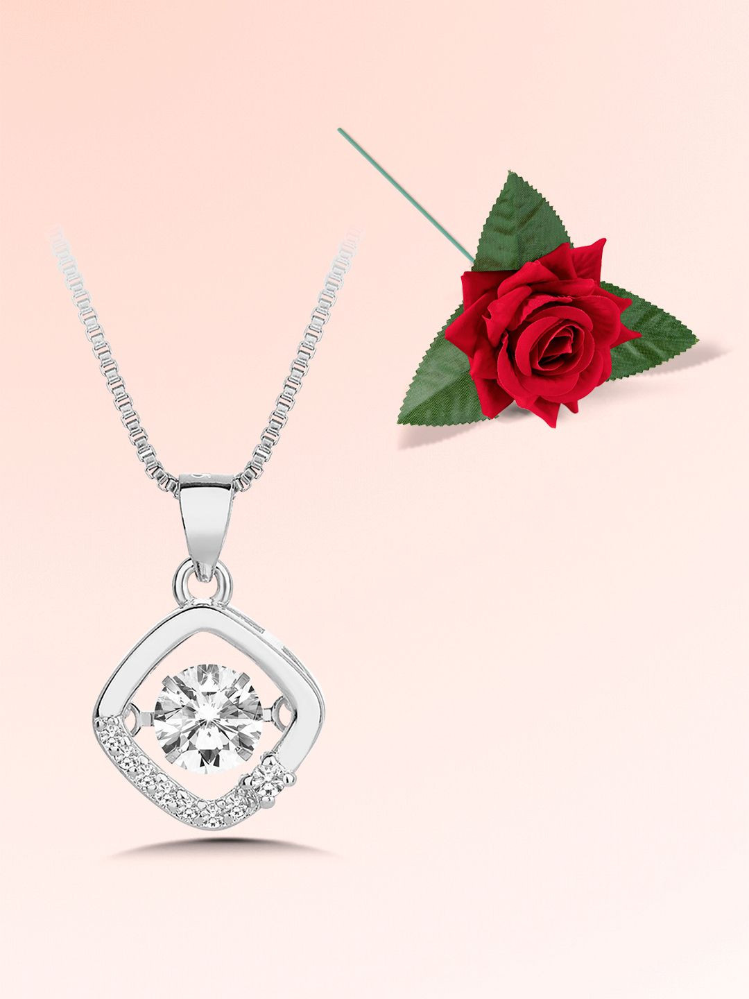 Peora Silver-Plated American Diamond-Studded Pendant with Chain & Artificial Rose Flower