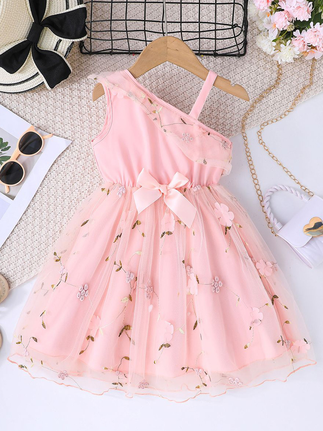 INCLUD Girls Light Pink One Shoulder Embroidered Ruffled Fit & Flare Dress