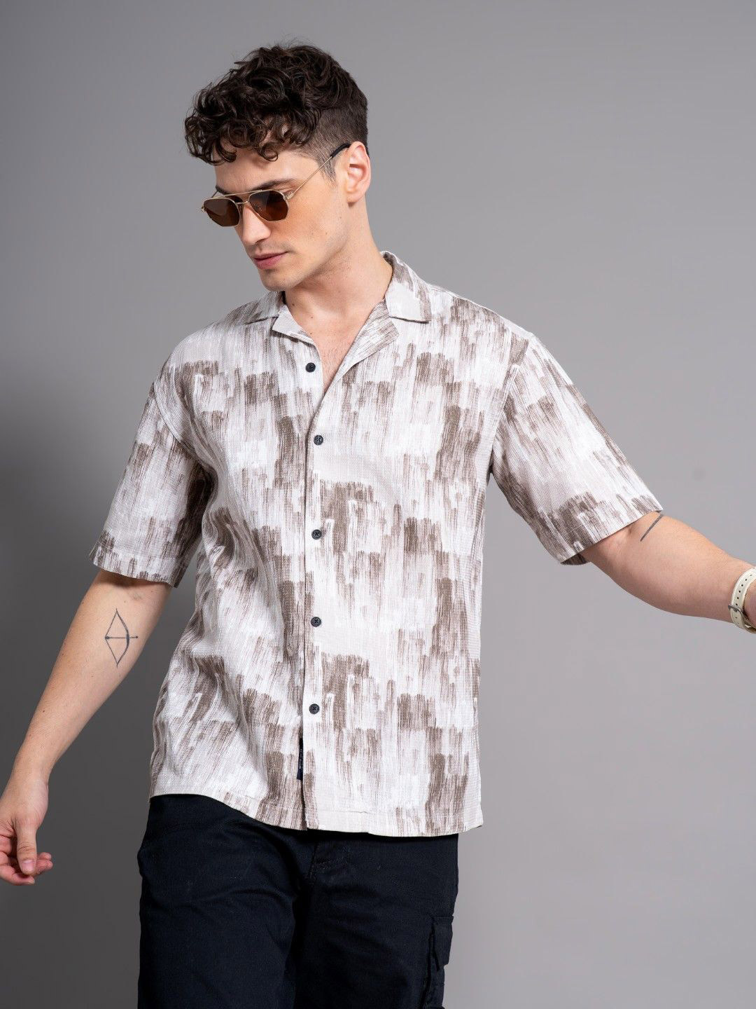 PAUL STREET Men Relaxed Regular Fit Cuban Collar Abstract Printed Cotton Casual Shirt