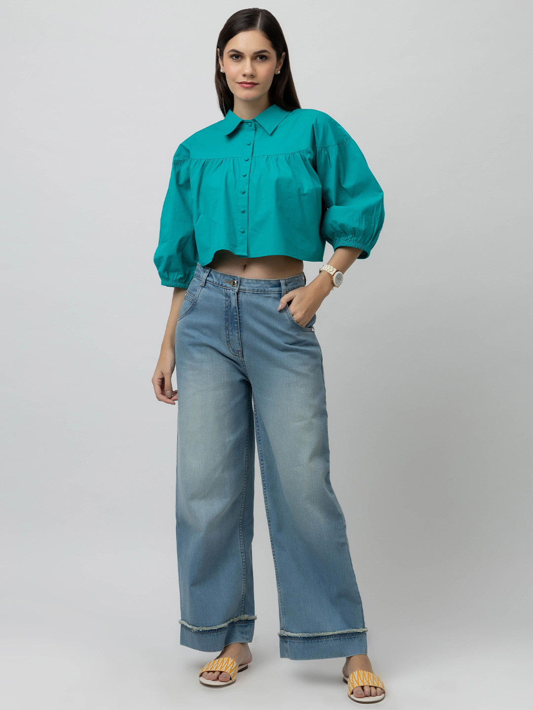 7OUNCE Women Cotton Puff Sleeve Crop Top