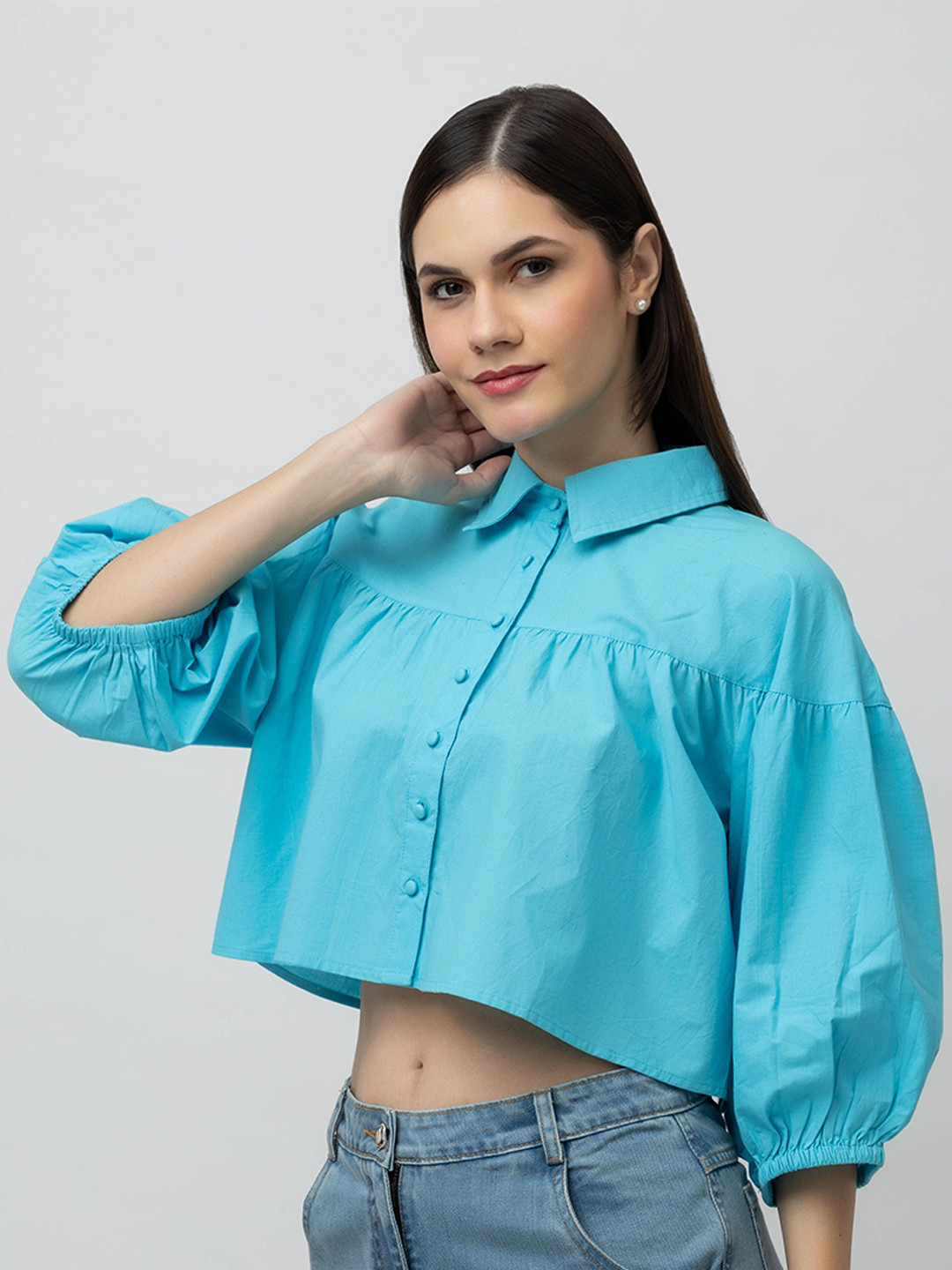 7OUNCE Women Puff Sleeve Shirt Style Boxy Top