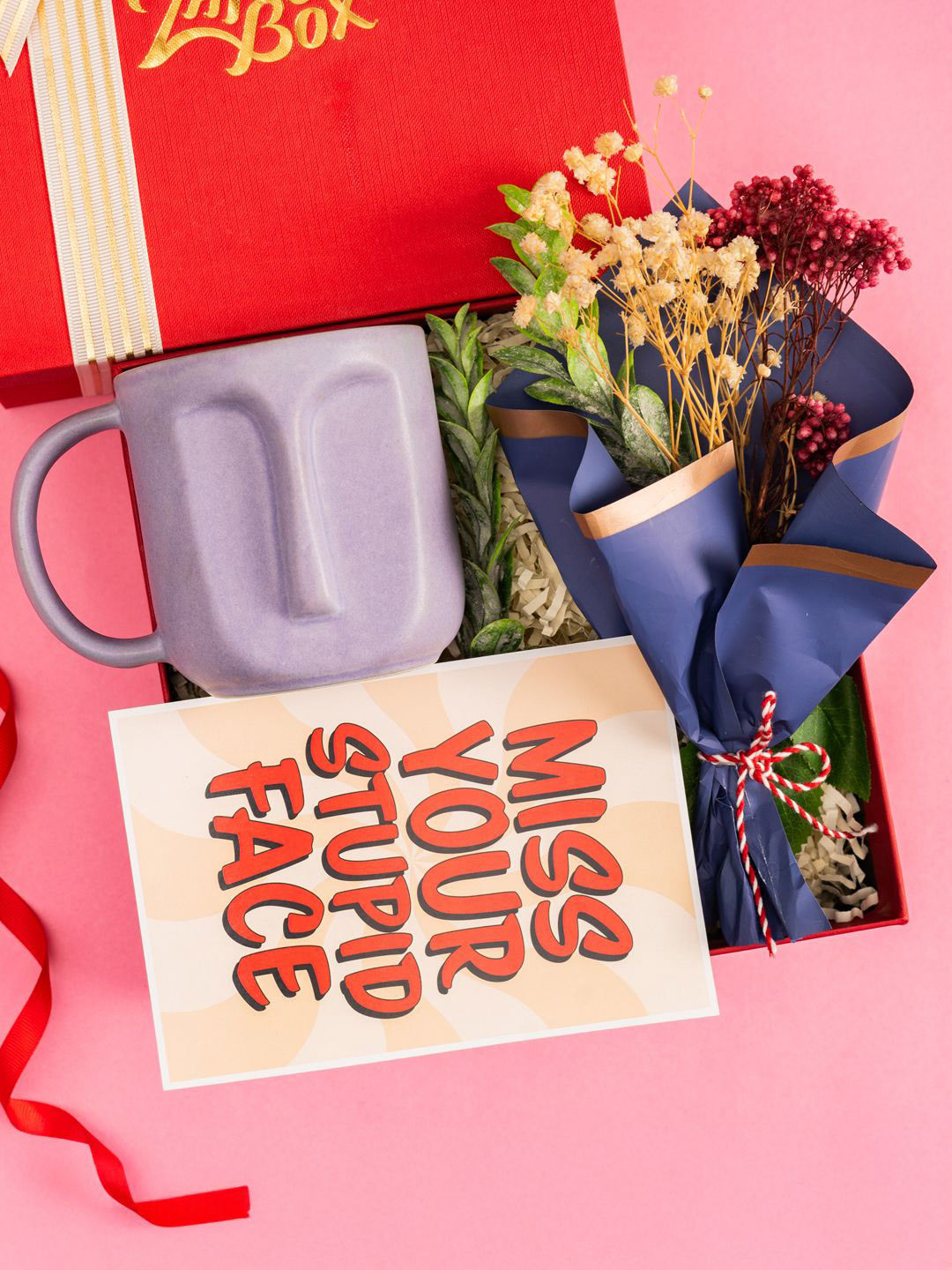 The Zappy Box Purple 3 Pieces Ceramic Face Mug With Card & Mini Bouquet Gift Sets