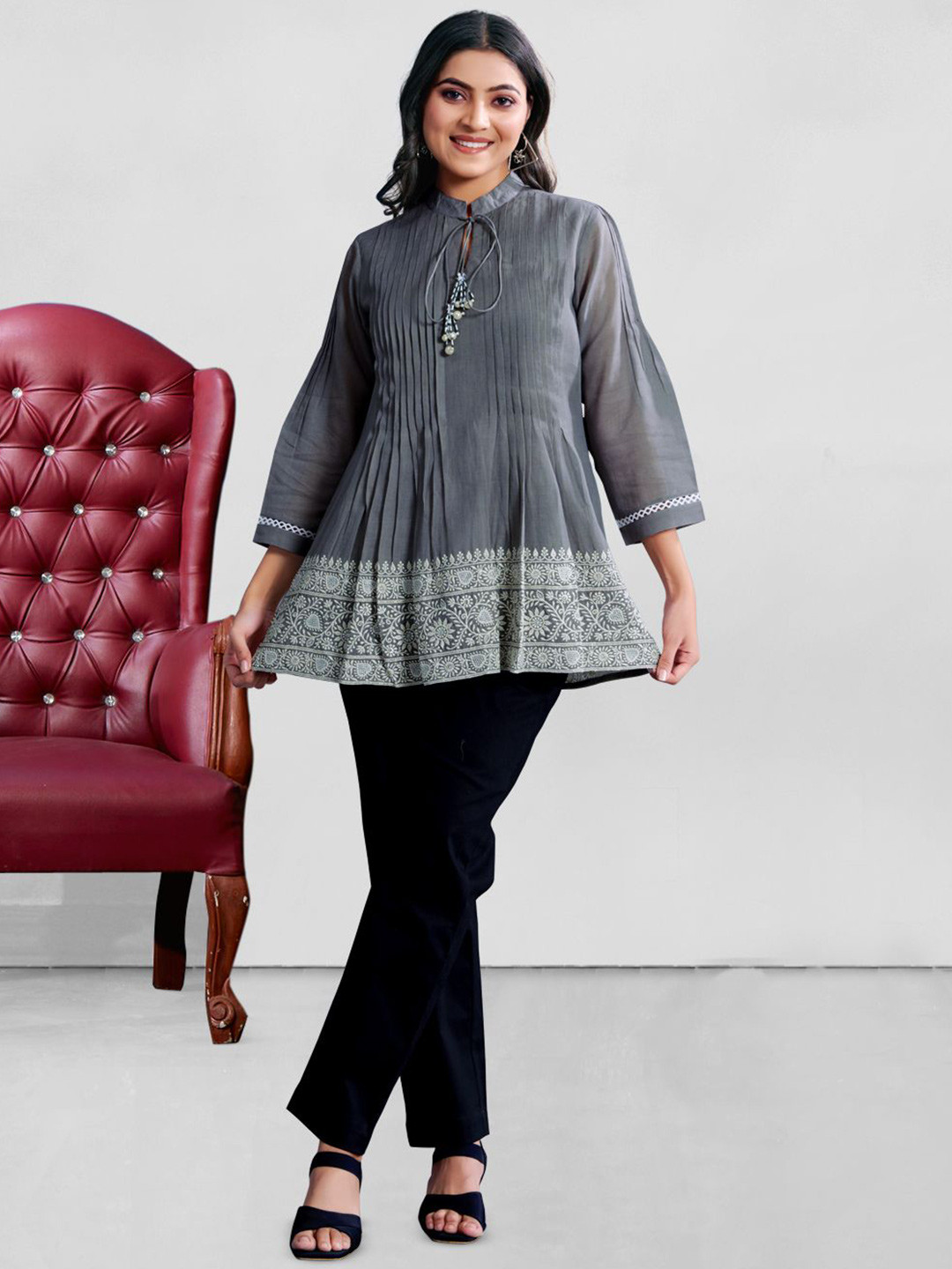 Komarri U Embroidered Tie-Ups  Collar Longline Top