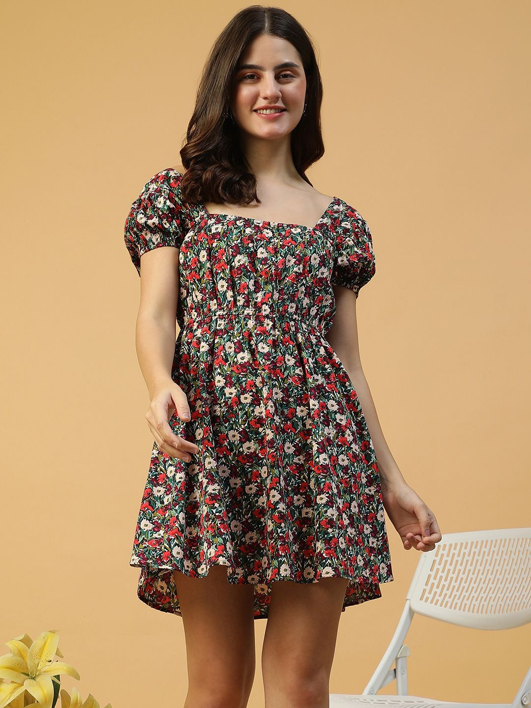 Oxolloxo Women Floral Print Fit and Flare Above Knee Midi Dress