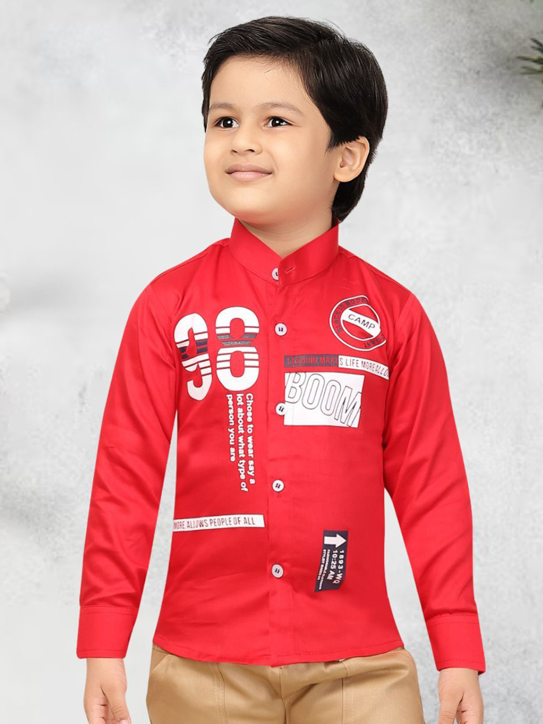 FASHION GRAB Boys Classic Regular Fit Band Collar Typography Printed Cotton Casual Shirt