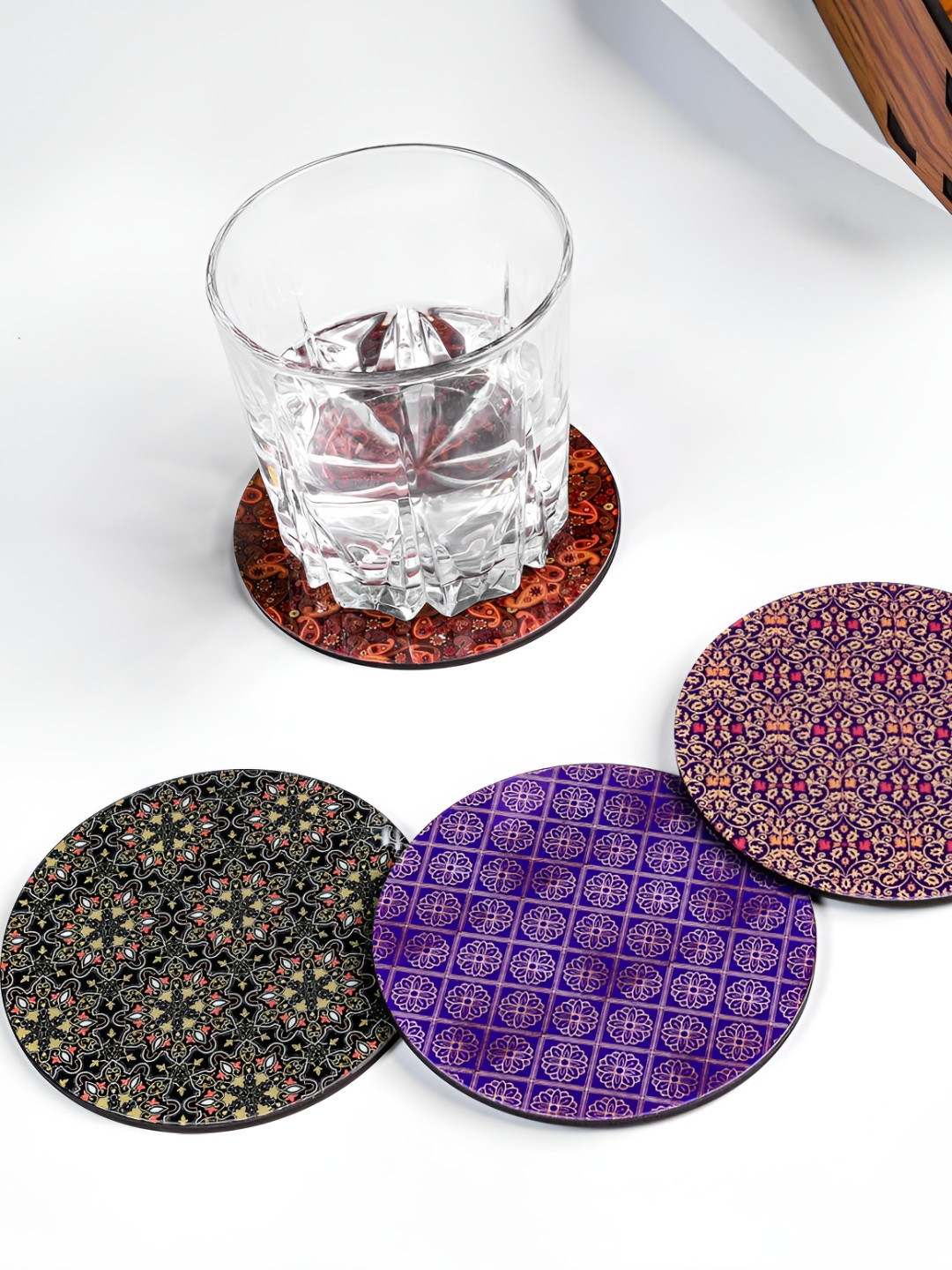 ANNA CREATIONS Purple & Green 4 Pieces Printed Wooden Round Coasters