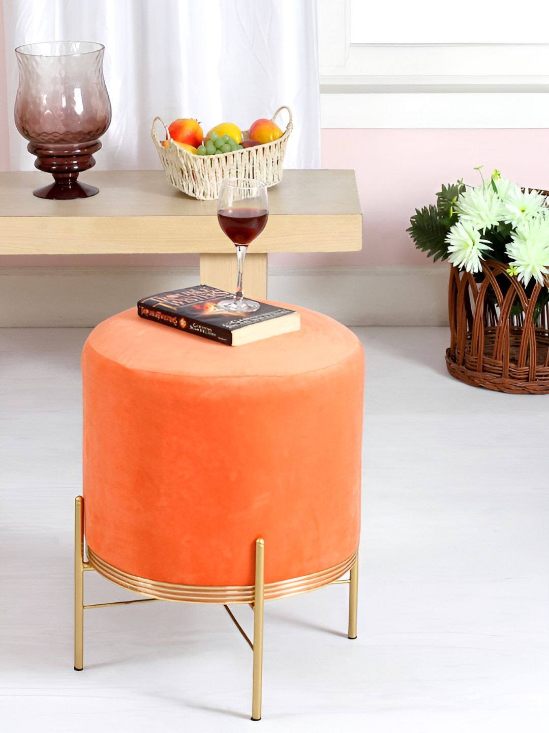 Shadowkart Orange And Gold Toned Cylindrical Pouffes Ottomans