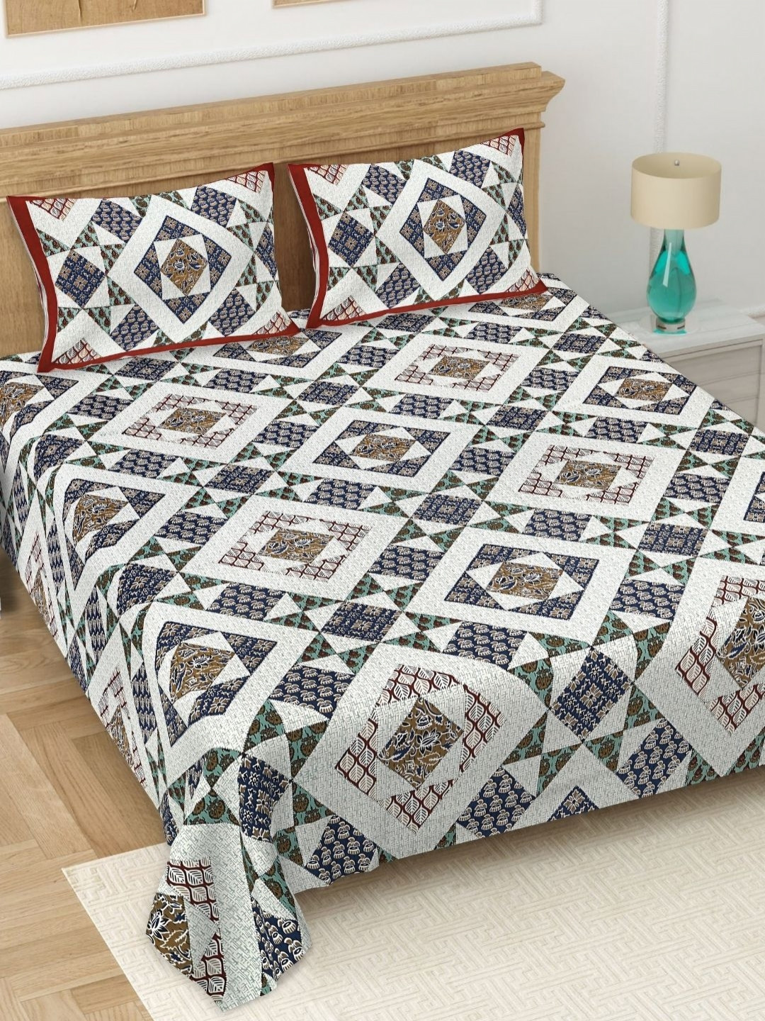 JAIPUR FABRIC Barmeri White Geometric Cotton 180 TC King Bedsheet with 2 Pillow Covers-108 x 90 inches
