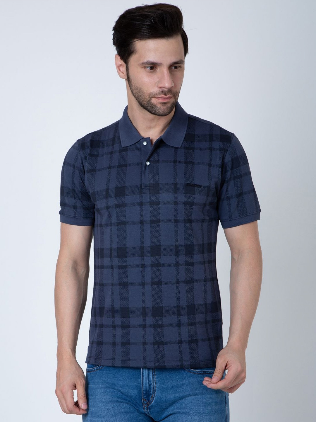 Sparky Men Navy & Grey Checked Polo Collar T-shirt