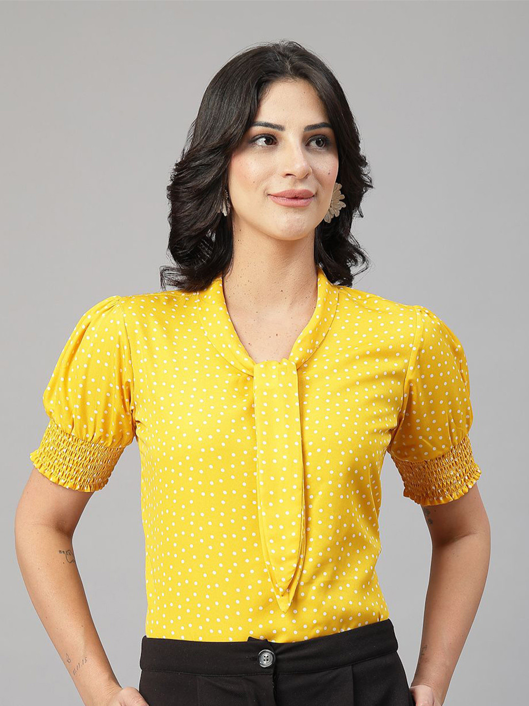 Style Quotient Women Polka Dot Printed Smocking Tie-Up Neck Puff Sleeve Top