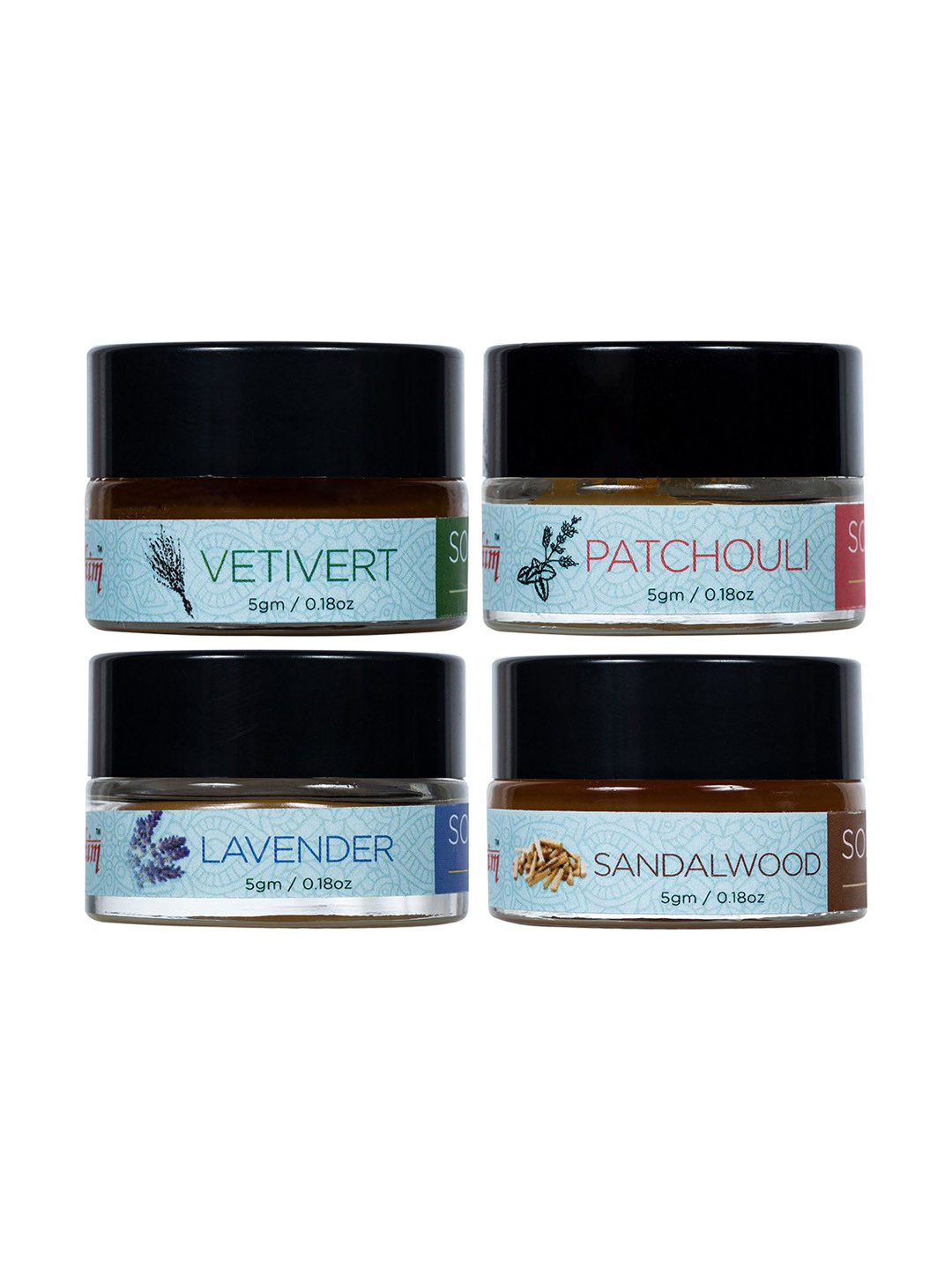 Sugandhim Set of 4 Wax Perfumes Vetivert, Sandal, Lavender & Patchouli 5g Each