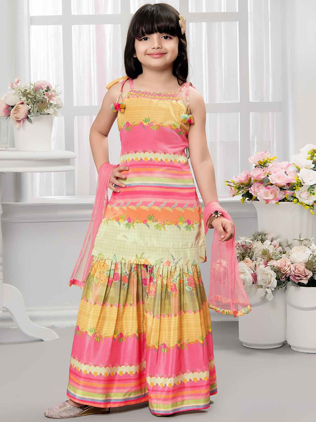 Lagorii Girls Floral Printed Gotta Patti Straight Kurti with Sharara & Dupatta