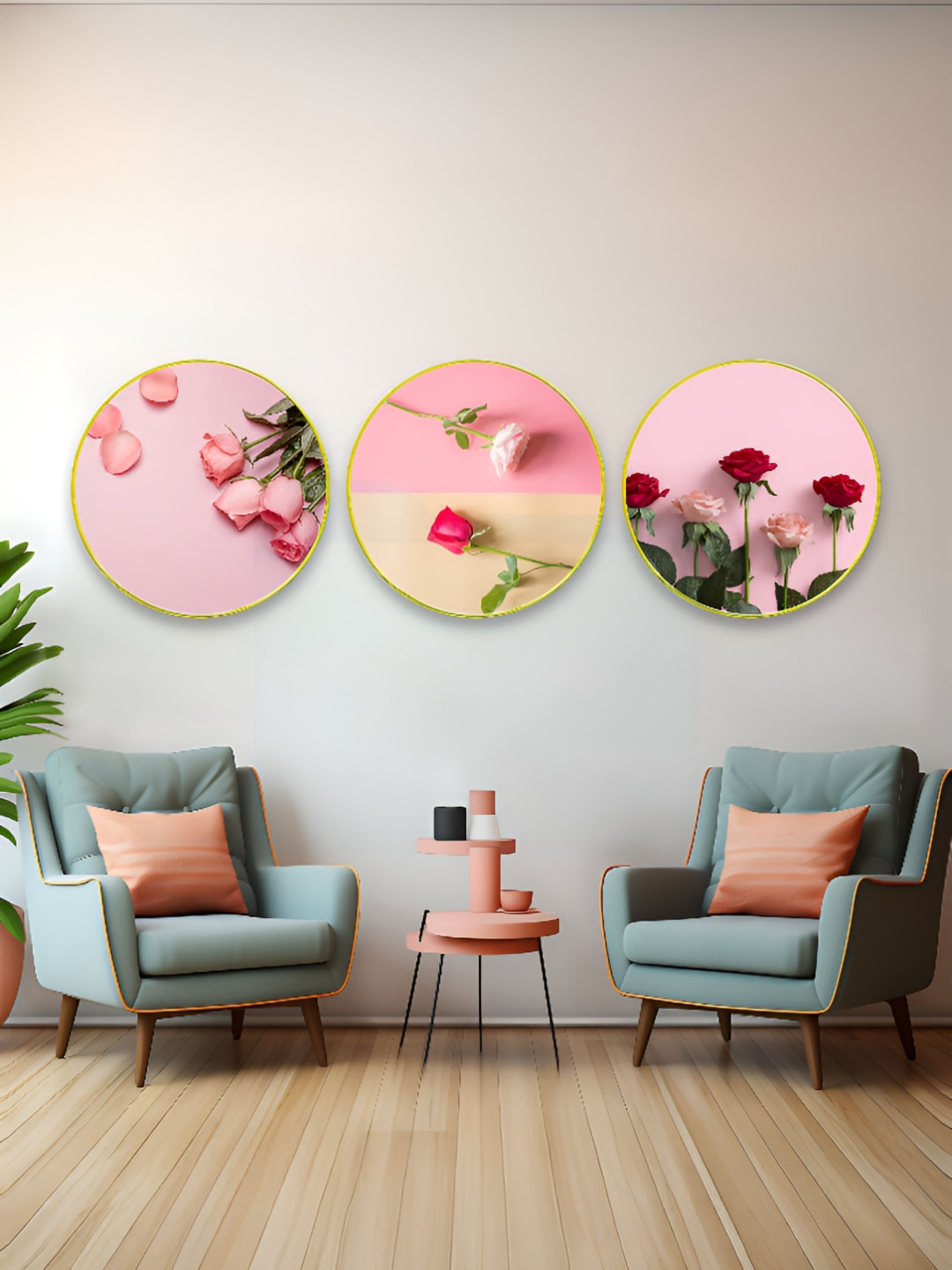 The Castle Decor Pink & Red 3 Pieces Flowers Sparkle Wooden Wall Art