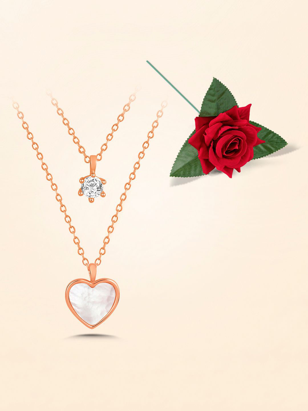 Peora Rose Gold-Plated Heart Shaped Layered Pendants with Chains With Red Rose