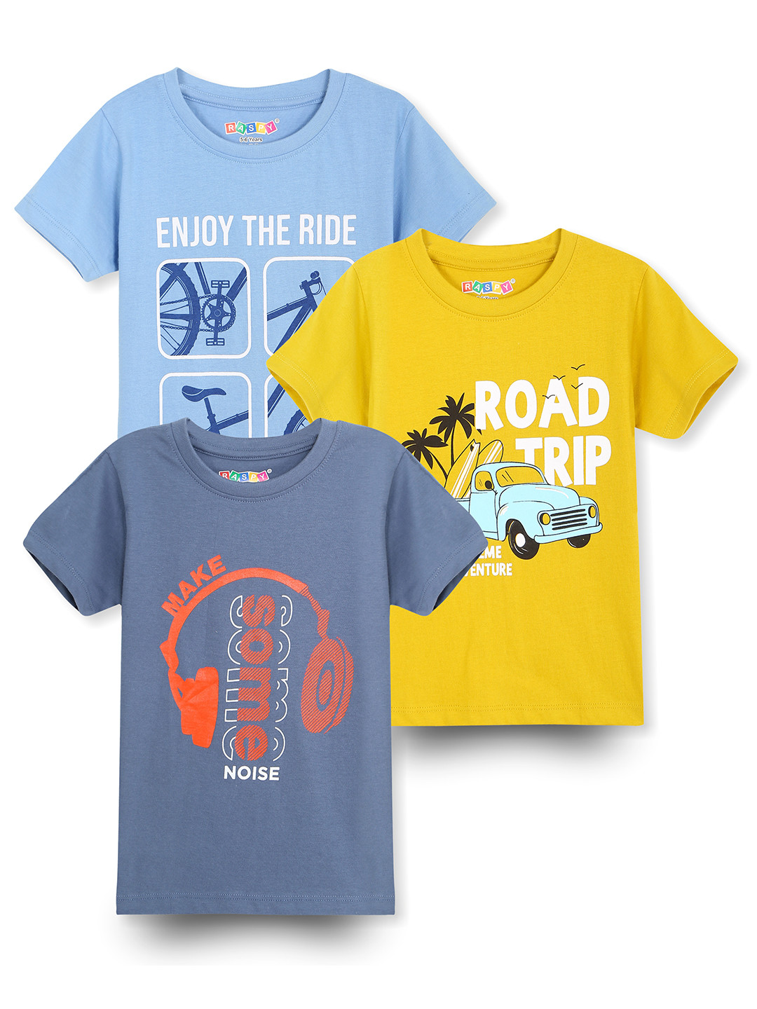 RASPY Boys Pack of 3 Graphic Printed Round Neck Cotton T-shirts
