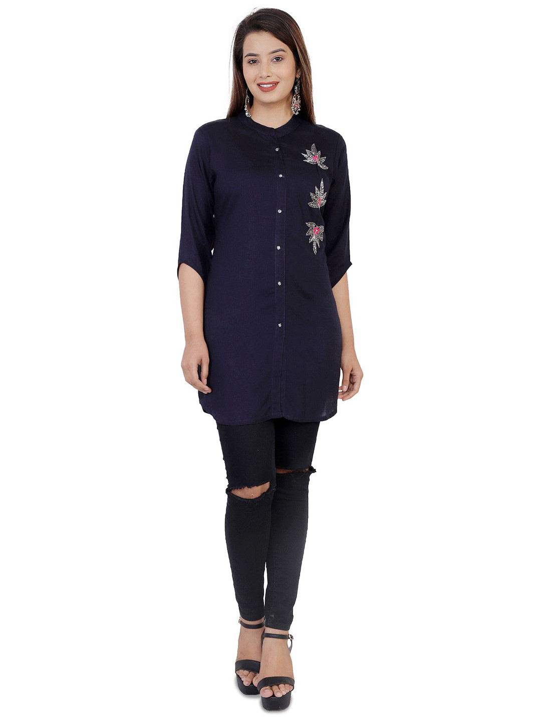 OH MI DIOS Women Mandarin Collar Shirt Style Top