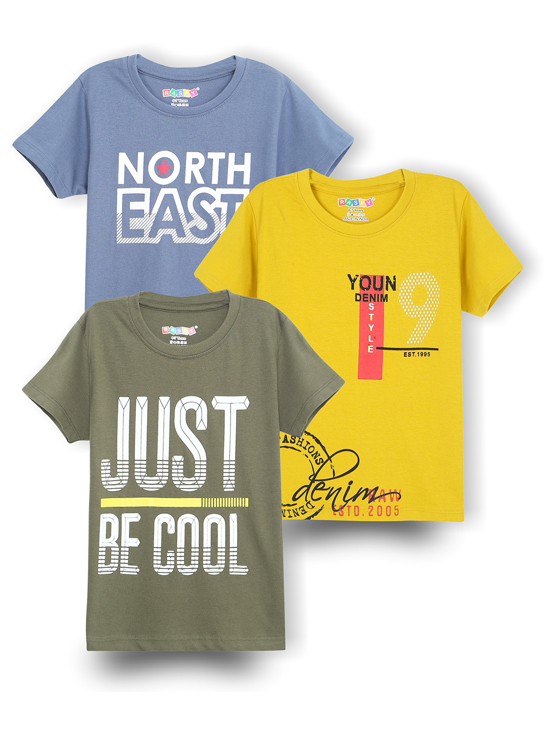 RASPY Boys 3 Printed Pure Cotton T-shirt