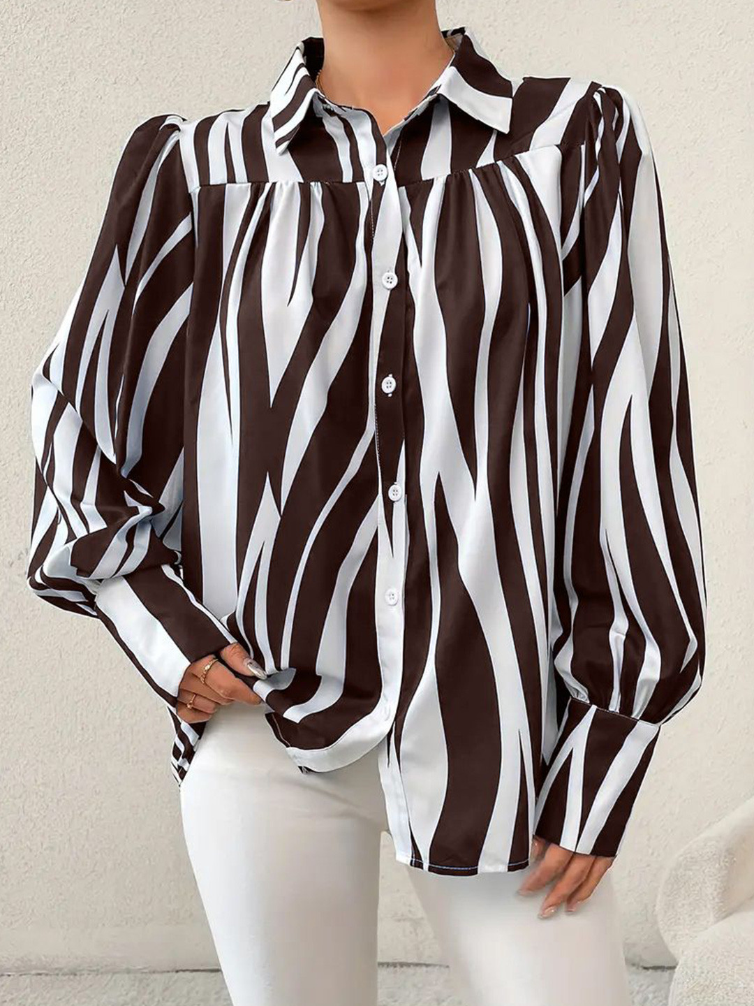 LERIYA FASHION Women Vertical Stripes Print Shirt Style Top