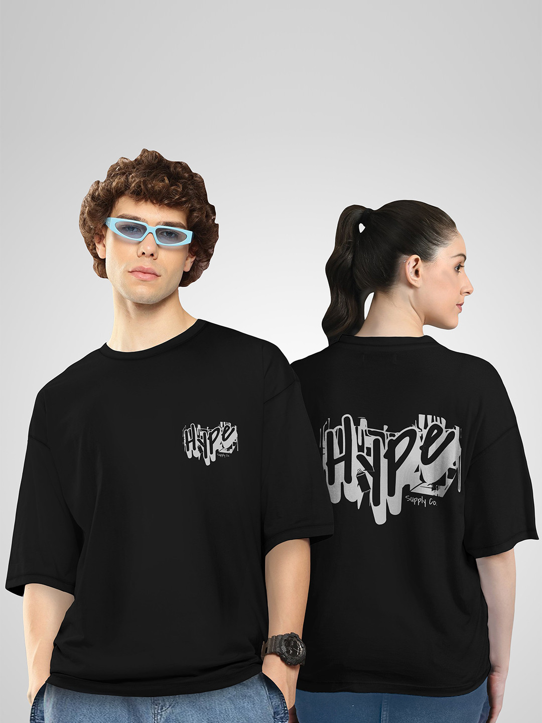 BAESD Unisex Twistform Twinny Zone Pack Of 2 HYPE Printed Cotton Oversized T-shirts