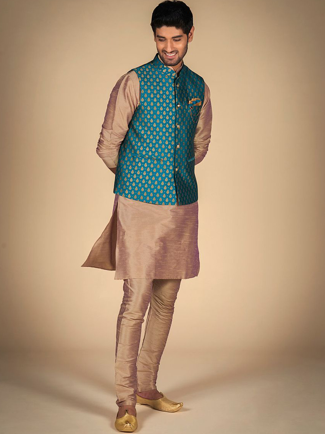 Dulha Ghar Mandarin Collar Pure Silk Straight Kurta With Pyjama & Nehru Jacket