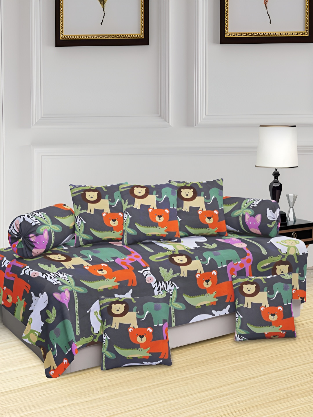 Myntra Elegant Homes  Gry & Orange 8 Pieces Cartoon Characters Printed Diwan Set