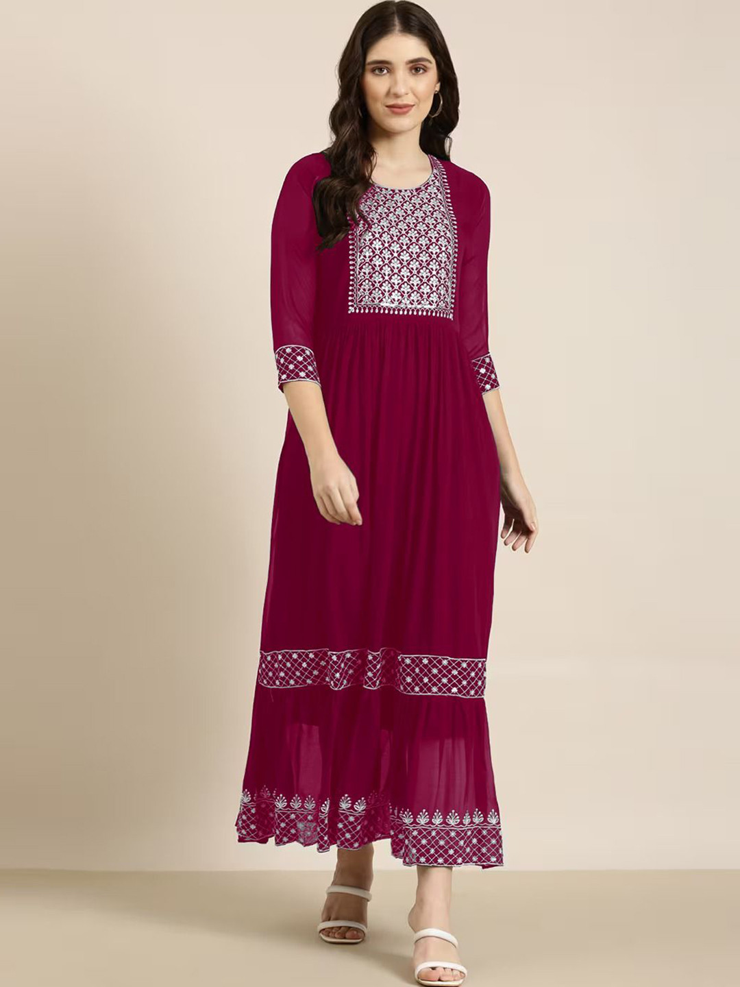 BINDUDI Women Embroidered Georgette Maxi A-Line Ethnic Dresses