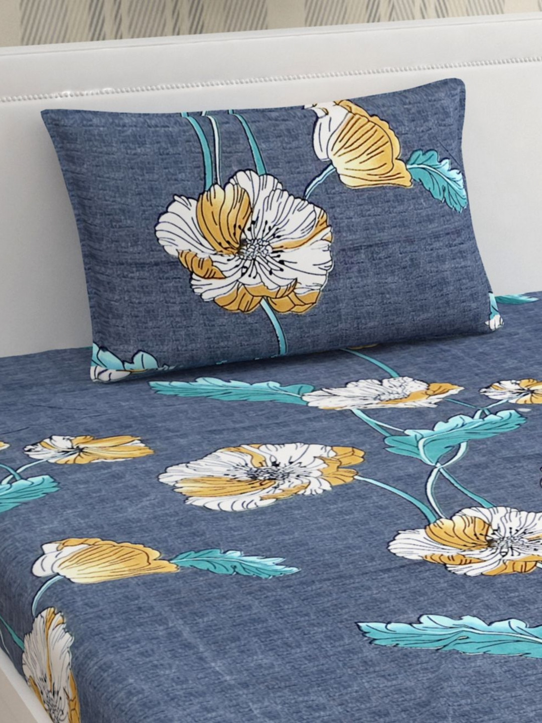 METRO LIVING Navy Blue Floral Microfiber 104 TC Single Bedsheet with a Pillow Cover-85 x 57 inches