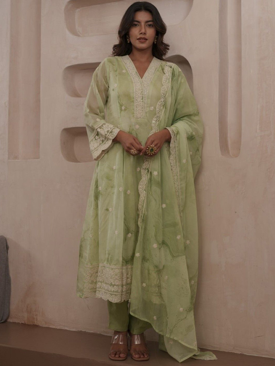 AUTUMN LANE Tashvika fern Abstract Printed Thread Work Kurta With Trousers & Dupatta
