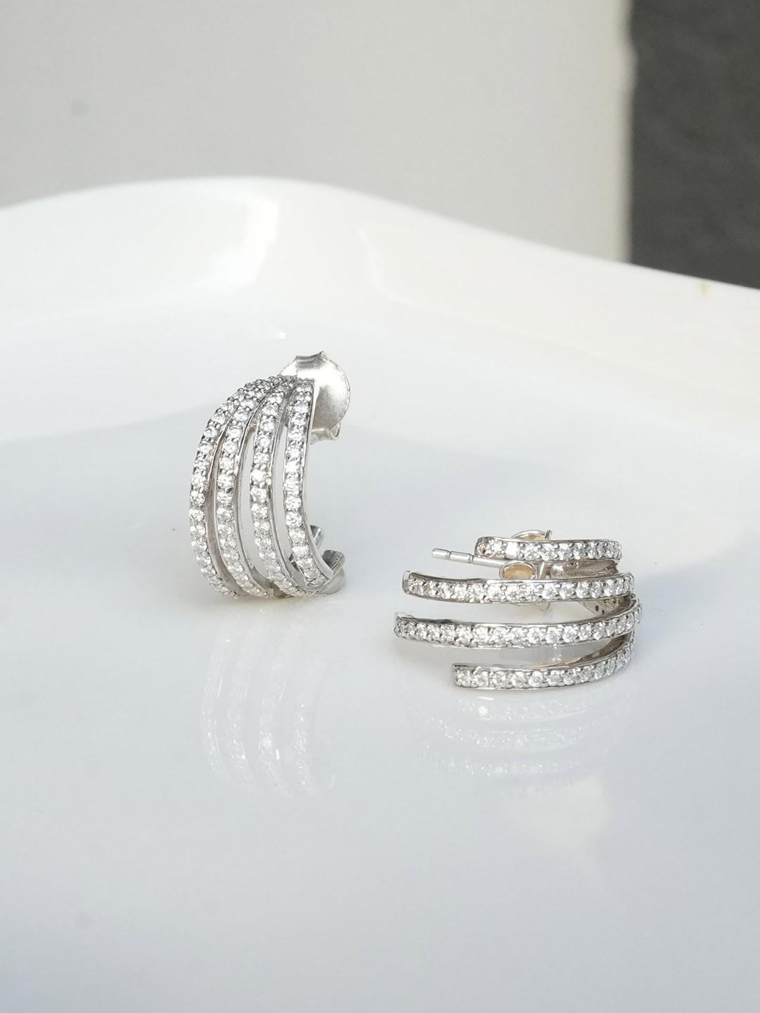 Ruuh Clara Rhodium-Plated Cubic Zirconia Studded Geometric Shaped  Hoop Earrings