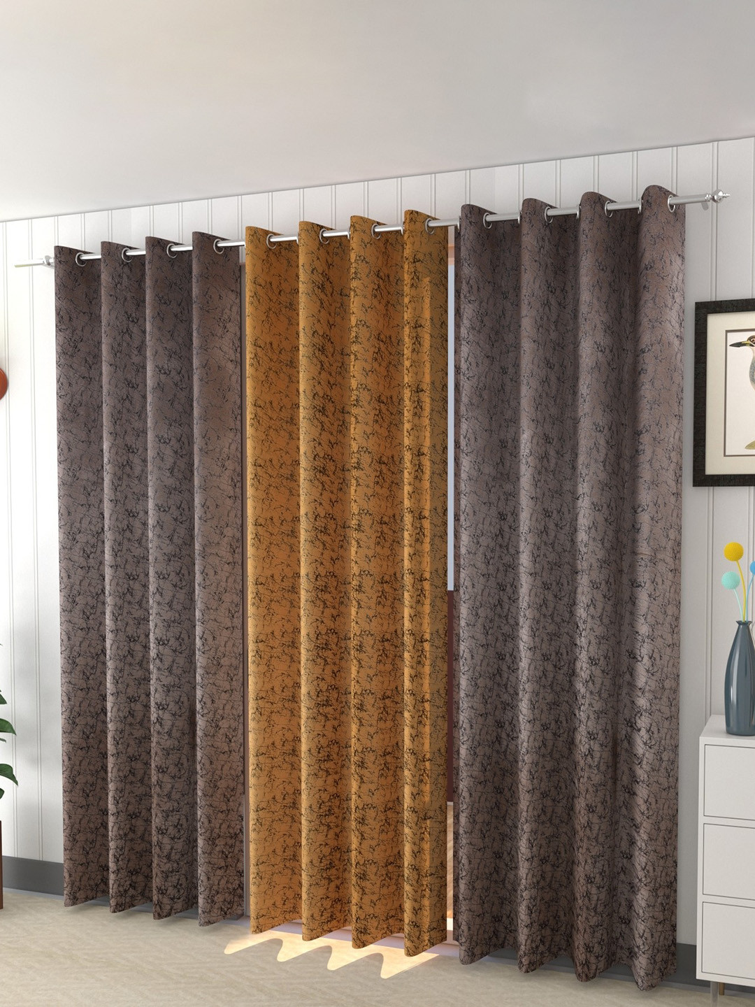 Galaxy Home Decor Mustard Yellow 3 Pieces Printed Velvet Room Darkening Window Curtains