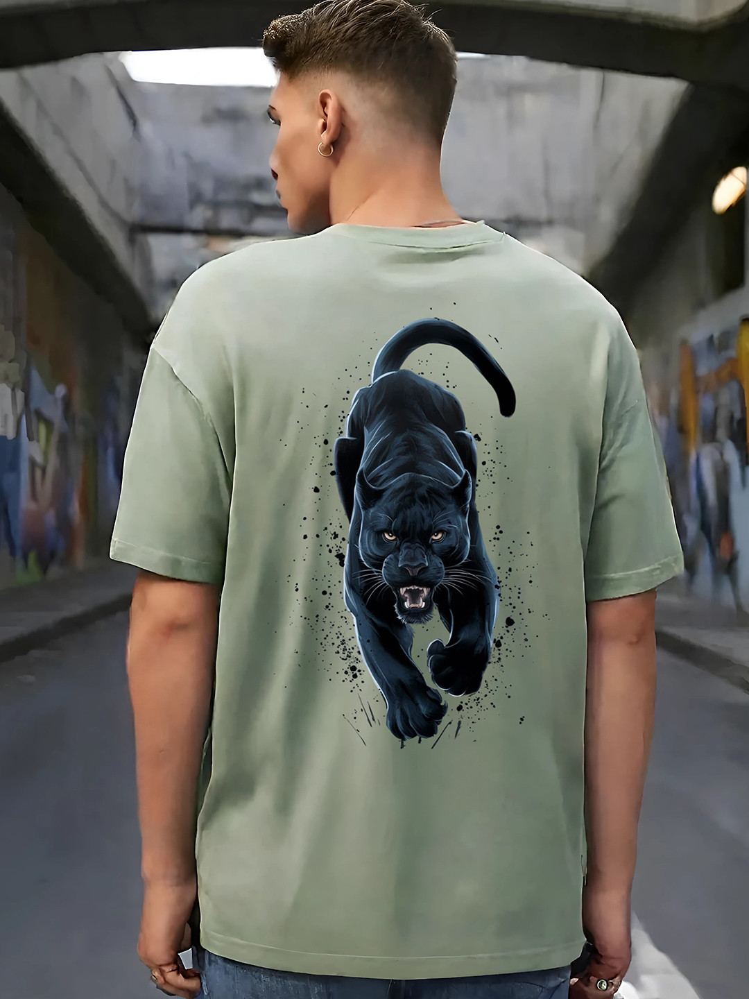 Elibolz Men Black Panther Bio Finish Animal Printed Round Neck Cotton Oversized T-shirt