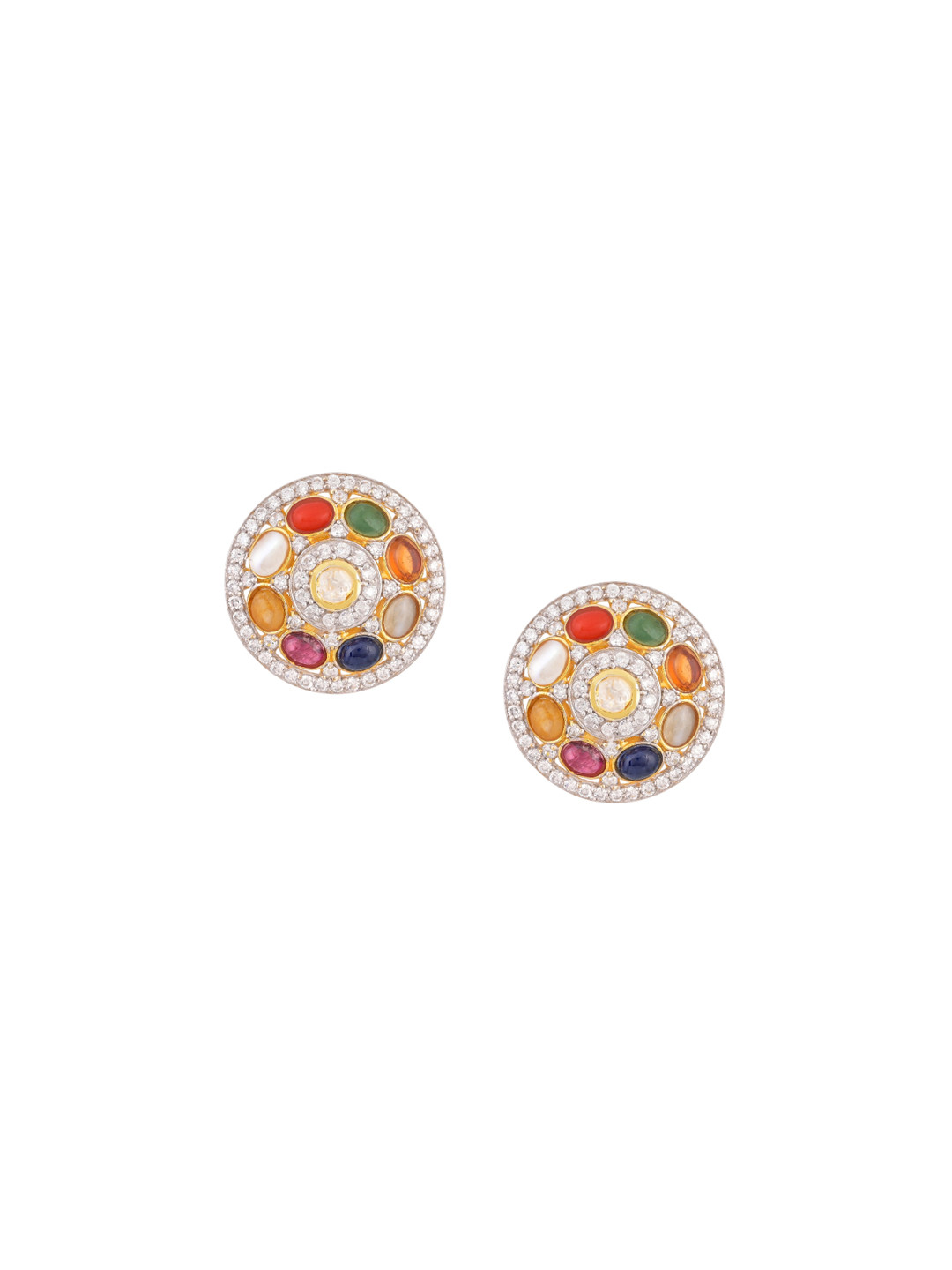 Ruuh Studios Sterling Silver Gold-Plated CZ Studded Circular navratana studs