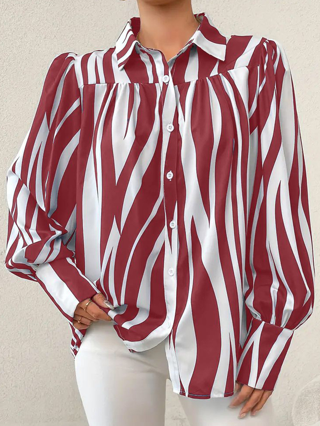 LERIYA FASHION Women Solid Vertical Stripes Shirt Style Cuffed Sleeves Longline Top