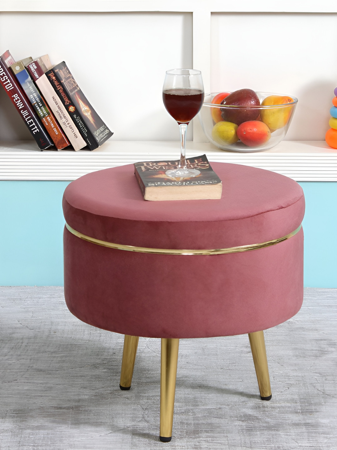 Shadowkart Pink & Gold-Toned Wooden Cylindrical Pouffes Ottomans