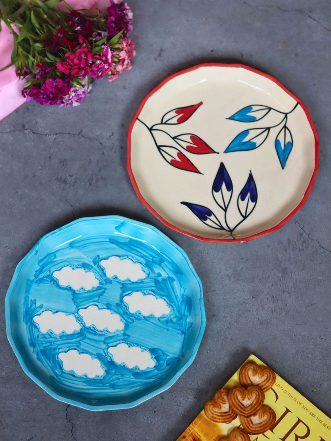 WEAVING HOMES White & Blue 2 Pcs Petals & Cloud Printed Ceramic Snack Plates