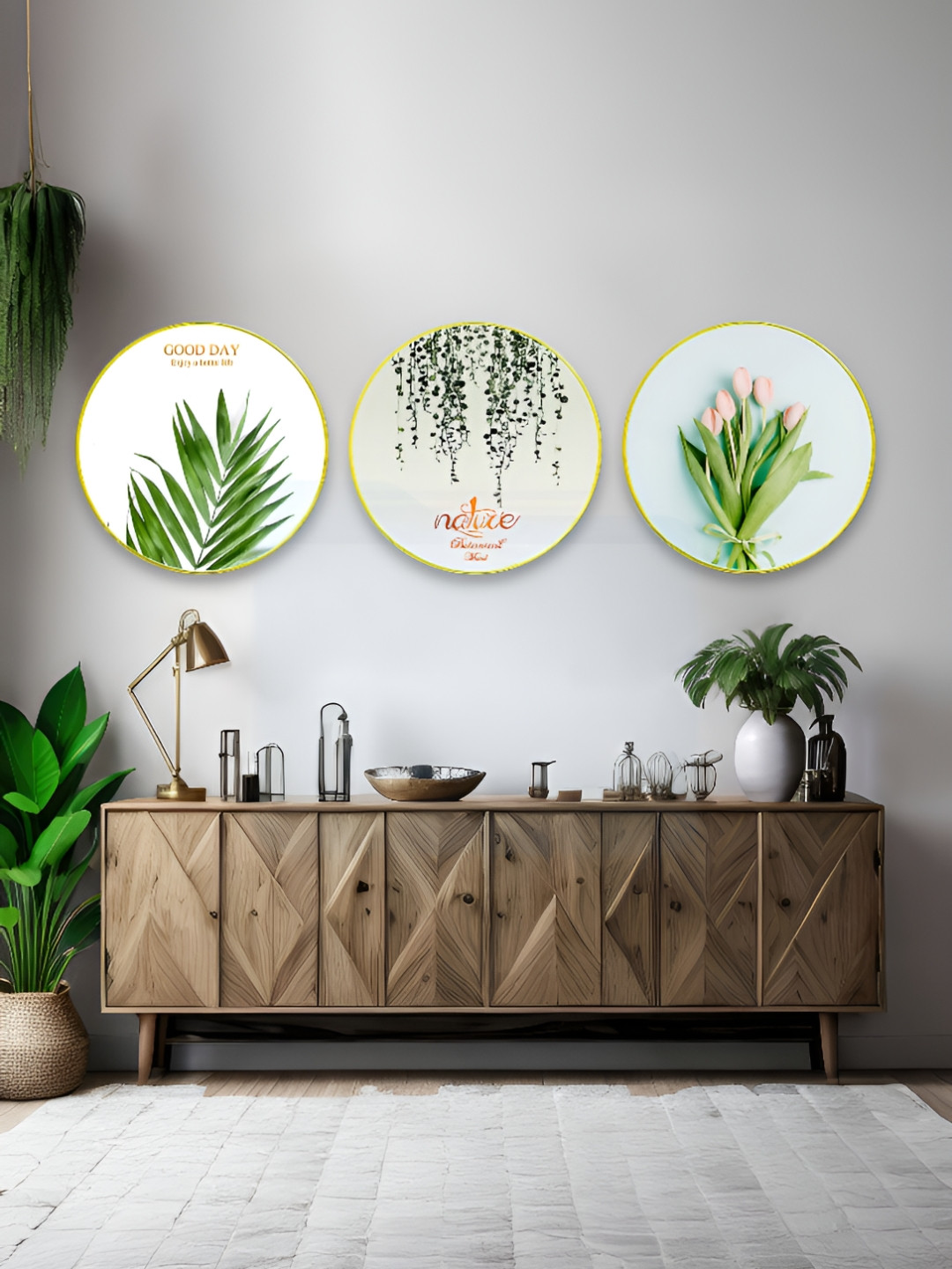 The Castle Decor White & Green 3 Pieces Flowers Sparkle Wooden Wall Art