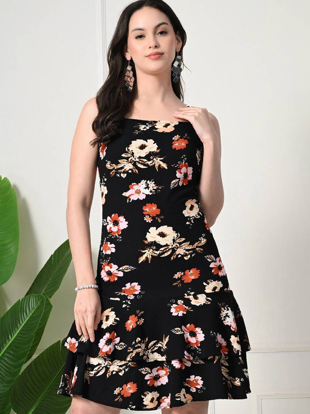 ZEUGEN Women Floral Print Flounce Knee Length Drop-Waist Dress