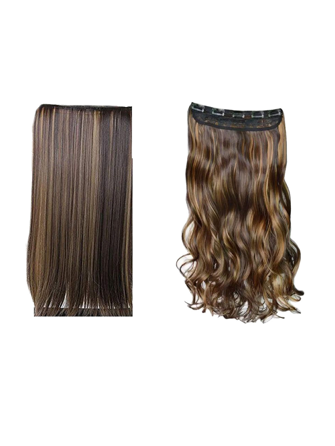 GADINFASHION Set Of 2 5-Clip In Curly & Straight Scalp Topper Hair Extension-Brown-24 Inch