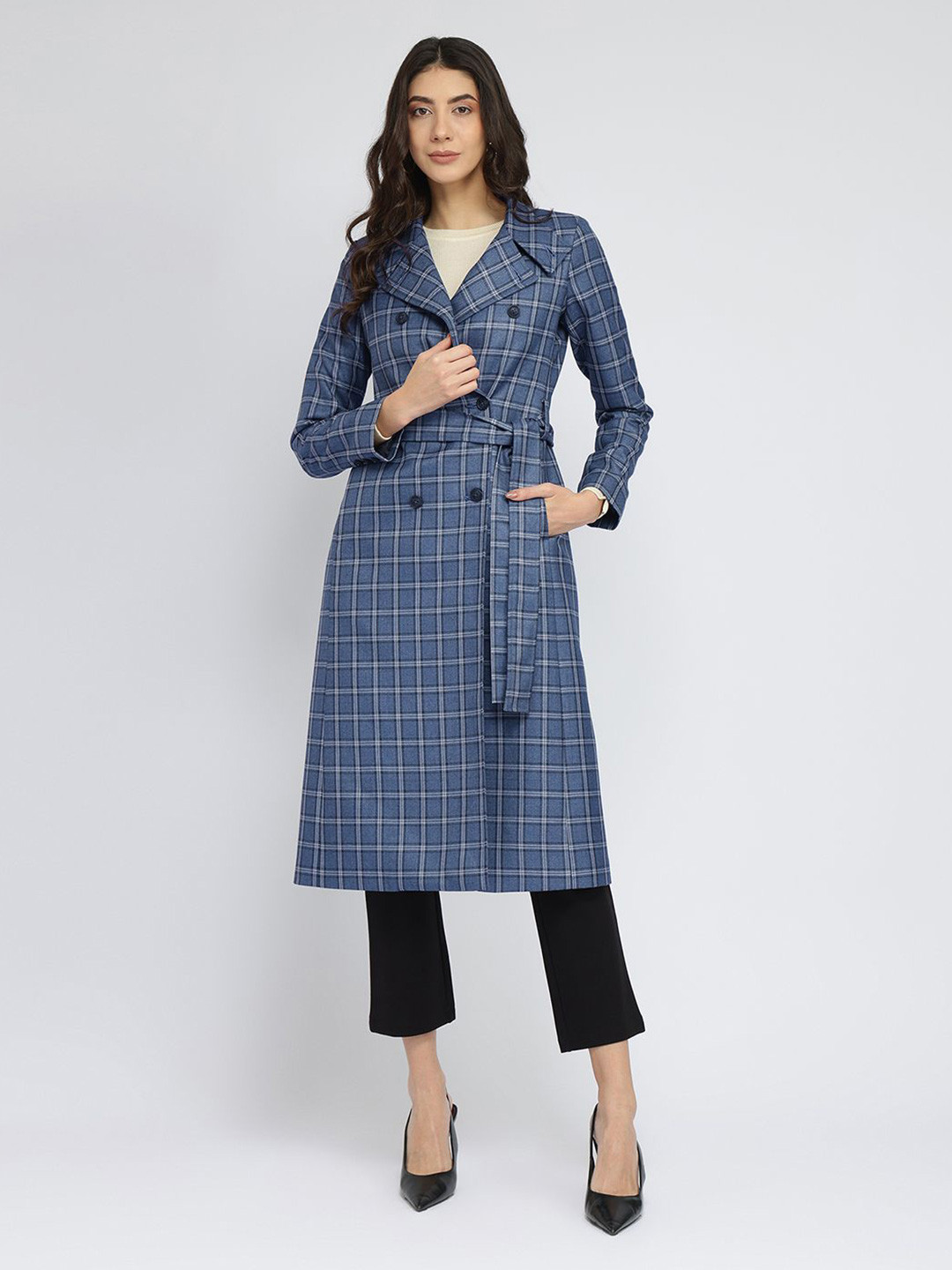 FableStreet Women Tweed Wool longline Overcoat Blue And Grey