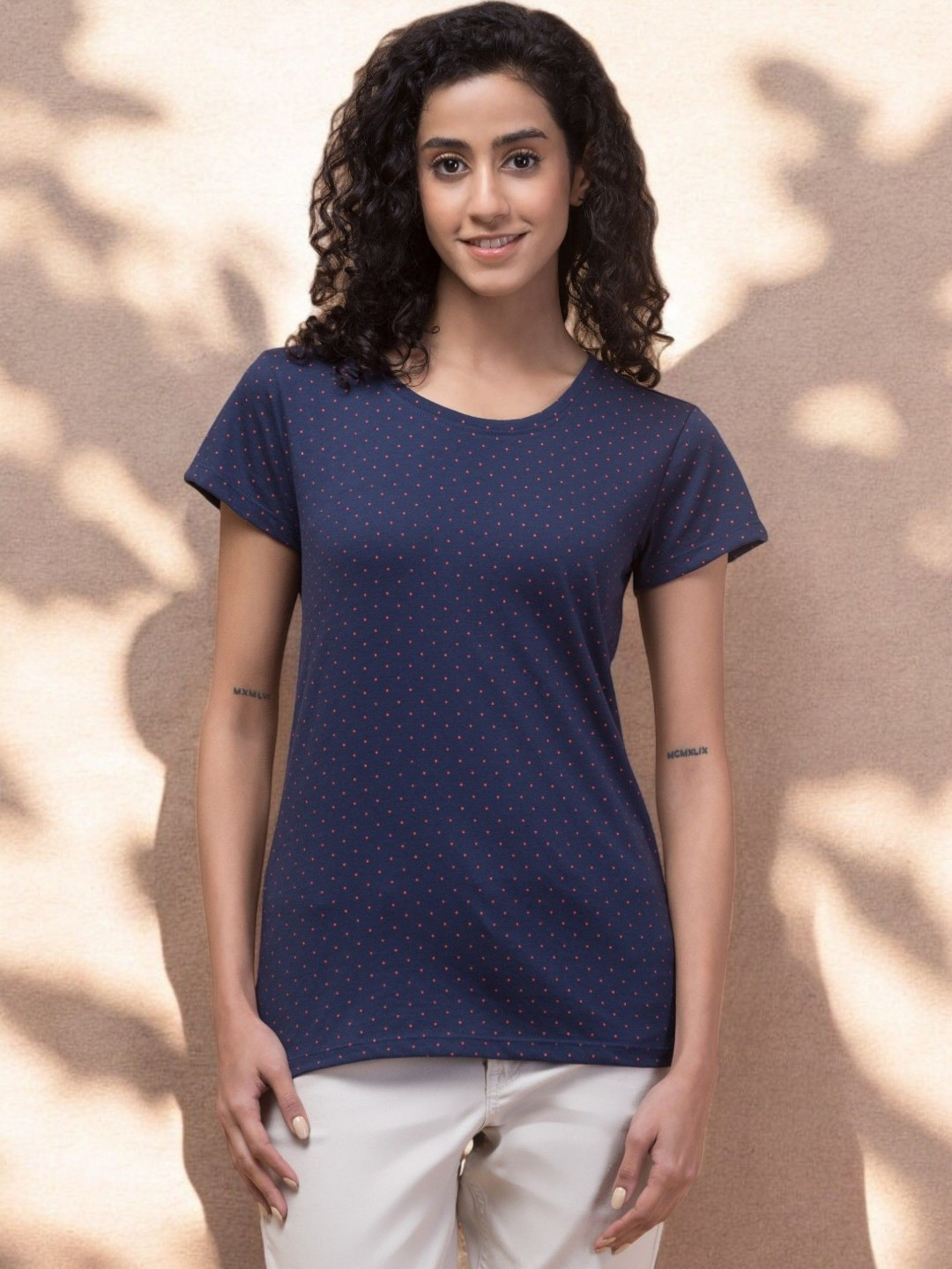INUKA Women Navy Blue Self Design Round Neck T-shirt